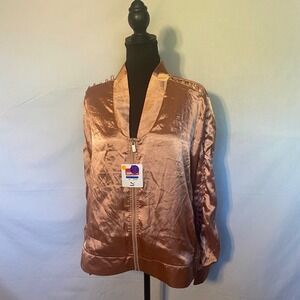 Puma Satin Bomber Jacket Rose Gold Metallic Women's XL Full Zip Track Jacket